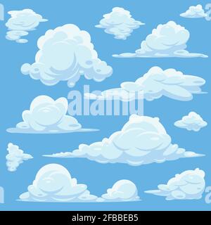 Vector cartoon clouds in blue sky. Set of white clouds, heaven with fluffy cloid illustration Stock Vector