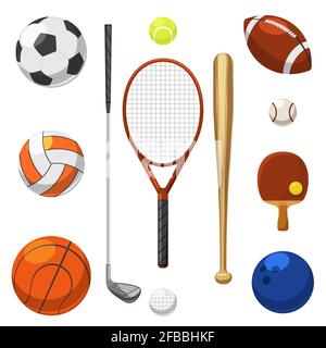 Vector sport equipment icons. Sports exercises items. Racket and bat for sport game illustration Stock Vector