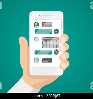 Man chatting with chat bot on smartphone vector illustration. Communication with chat bot use smartphone, message for chat bot Stock Vector