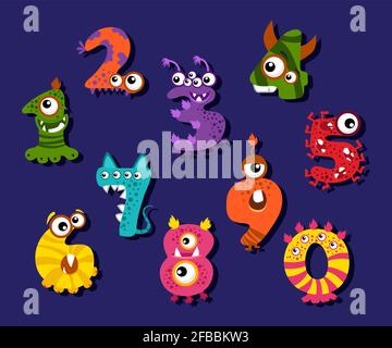 Cartoon funny numbers or comic digits vector set. Creature monsters digits and illustration of mathematical fantastic digits Stock Vector