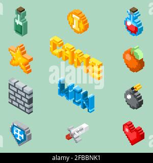 Pixel art game icons. 8 bit isometric pictograms vector. Element for game in pixel style design, illustration star and pixel art bomb Stock Vector