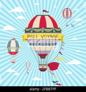 Retro card with hot air balloon. Vintage bon voyage poster with air balloon in sky, travel on hot air balloon illustration Stock Vector