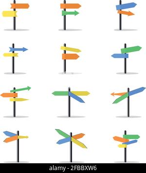 Direction signs. Vector road direction signs with empty boards. Colored arrows indicate direction illustration Stock Vector