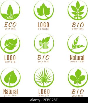 Nature logo set or ecology labels with green leaves isolated on white background. Logo fresh flora, badge and label with green leaf. Vector illustrati Stock Vector