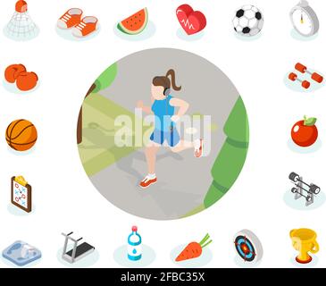 Isometric healthy lifestyle vector concept. Healthy and sport icon, illustration woman healthy lifestyle Stock Vector