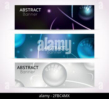 Nuclear atom banners. Nanotechnologies and physical technology banner backgrounds. Set of template banners with nuclear atom, illustration scientific Stock Vector