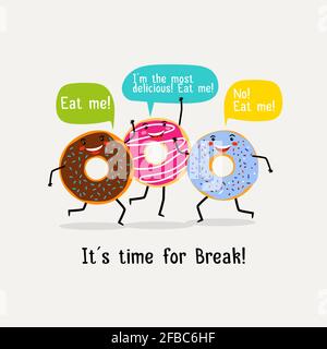 Eat sweet tasty donut poster. Cute colorful glazing donuts with speech bubbles. Banner with character yummy donuts. Vector illustration Stock Vector