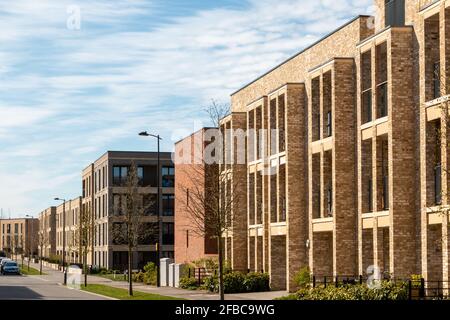 A view along Osprey Drive showing some of the new build apartment blocks in Trumpington Meadows, Cambridge, UK Stock Photo