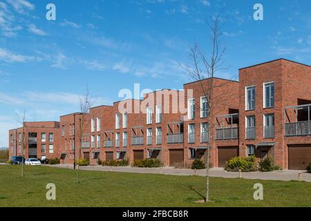 A row of identical new build houses under a blue sky on Britannia Walk, Trumpington Meadows, Cambridge, UK Stock Photo