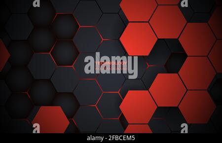 Red and dark gray hexagonal technology abstract vector background. Red bright energy flashes under hexagon in futuristic modern technology background Stock Vector