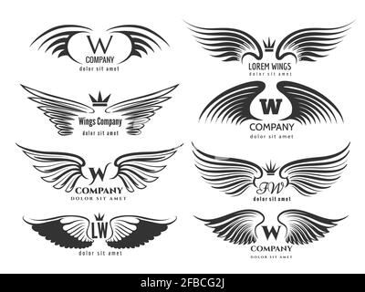 Wings logotype set. Bird wing or winged logo design isolated on white background. Pair of wings birds or angels for business logo illustration Stock Vector