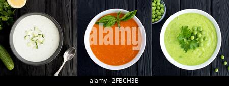 Collage of various types plates of soup. Green pea, tomato and yogurt  cucumber soups in the bowls on the black wooden background.Top view. Stock Photo