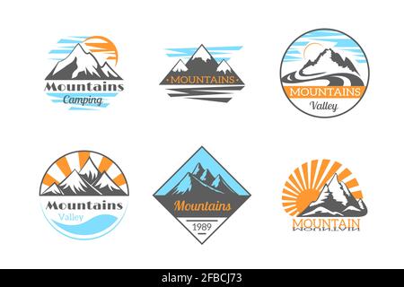 Mountains vector logo set. Mountain rock outdoor camping labels. Climbing label, hiking travel and adventure illustration Stock Vector
