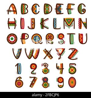 African ethnic primitive font. Hand drawn brightly safari vector alphabet. Letters abc type set illustration Stock Vector