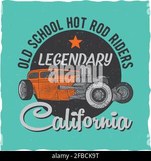Vintage hot rod t-shirt label design with illustration of custom speed car. Hand drawn illustration. Stock Vector