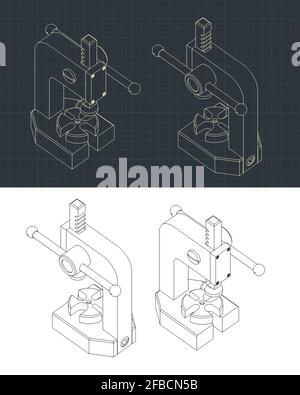 Stylized vector illustrations of hand press isometric drawings Stock Vector