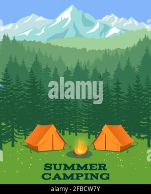 Forest camping vector illustration. Tourist tent on glade. Adventure and rest in summer wood Stock Vector