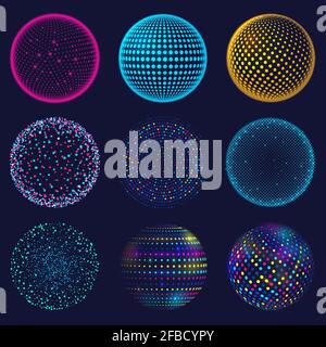 Dotted neon 3d sphere. Abstract atomic dotted spheres, 3d grid glowing spherical shapes vector illustration set. Digital neon sphere balls Stock Vector