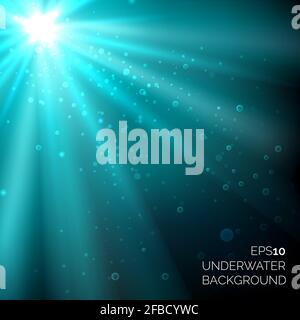 Under water blue deep ocean vector background with bubbles. Sunshine rays in water sea illustration Stock Vector