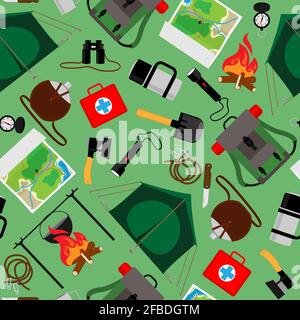 Forest camp seamless pattern. Vector tourist camping background with equipment for outdoor rest illustration Stock Vector