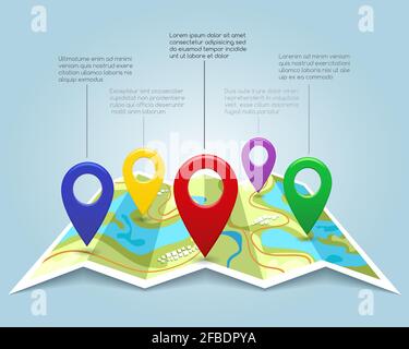 Map with pin markers vector illustration. Cartography location pointers. Banner with map marks and color pins Stock Vector