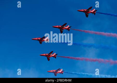 Helsinki, Finland - 9 June 2017: Red Arrows (The Royal Air Force Aerobatic Team) flying  aerobatics at the Kaivopuisto Air Show in Helsinki, Finland o