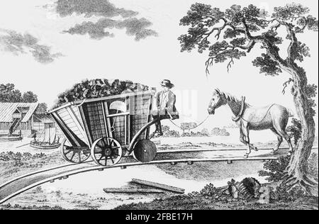 An early railway, before steam locomotion was introduced in the 18th Century, using horse power for the transportation of coal or ore from mines to it's point of transportation. Stock Photo