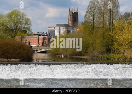 Derby Cathedral from the river gardens Stock Photo