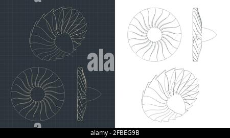 Stylized vector illustration of drawings of turbine blades Stock Vector