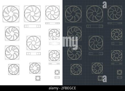 Stylized vector illustrations of drawings of computer fans of different sizes and types Stock Vector