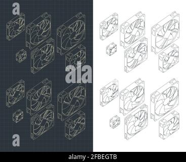 Stylized vector illustrations of isometric drawings of computer fans of different sizes and types Stock Vector