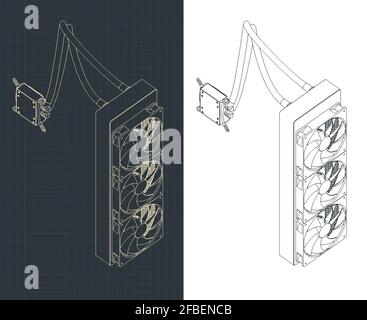 Stylized vector illustration of a liquid cooling system isometric drawings for computer Stock Vector