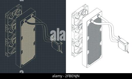 Stylized vector illustration of a liquid cooling system isometric drawings for computer Stock Vector