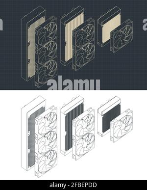 Stylized vector illustrations of drawings of water cooling radiators for processors and video cards of different sizes and types Stock Vector