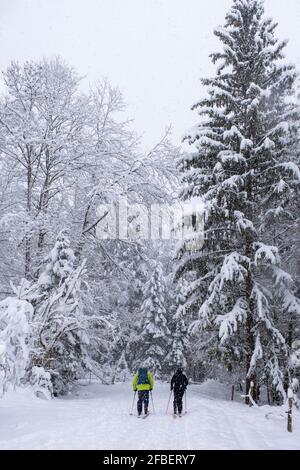 Germany, Bavaria, Pessenbach, Mature man and young woman skitouring on Rabenkopf in snowy winter Stock Photo