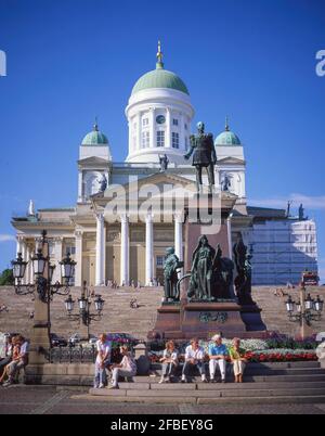 Helsinki Lutheran Cathedral & Statue of Emperor Alexander II, Senate Square, Helsinki, Uusimaa Region, Republic of Finland Stock Photo