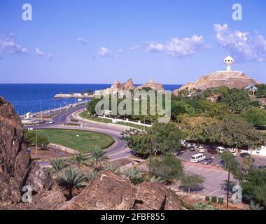 View of park and 'Incense Burner' Monument, Riyam City, Muscat, Masqat Governorate, Sultanate of Oman Stock Photo