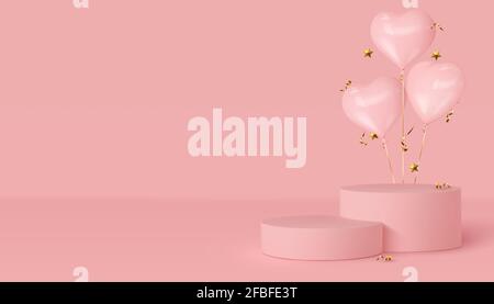 3d podium scene with heart balloons. Stock Vector