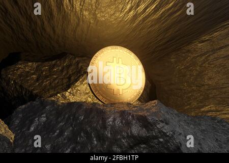 Three dimensional render of Bitcoin shining inside mine Stock Photo