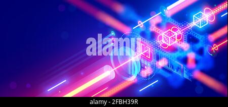 Quantum computing. Close up of optical cpu process light signal. Quantum computer of glowing qubits. Laser ray signal transmitting digital signal in Stock Vector