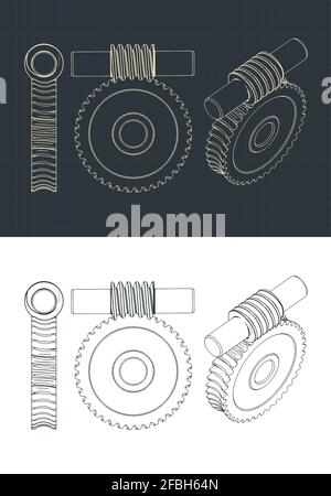 Stylized vector illustrations of Archimedes worm and involute gear blueprints Stock Vector