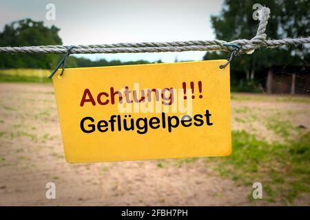 Sign at the entrance of a farm in Germany with the inscription Attention avian influenza (Achtung Geflügelpest) Stock Photo