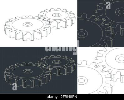 Stylized vector illustrations of gears closeup mini set drawings Stock Vector