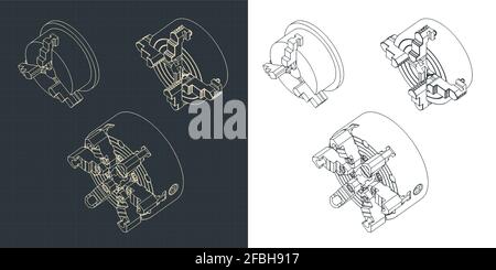Stylized vector illustration of lathe chuck mini set drawings Stock Vector