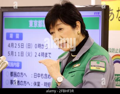 Tokyo, Japan. 23rd Apr, 2021. Tokyo Governor Yuriko Koike speaks before press at the Tokyo Metropolitan Government office in Tokyo on Friday, April 23, 2021. Japanese government declared a COVID-19 statement of emergency on Tokyo, Osaka, Kyoto and Hyogo prefectures. Credit: Yoshio Tsunoda/AFLO/Alamy Live News Stock Photo