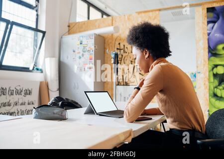 Young woman using laptop while working in studio Stock Photo
