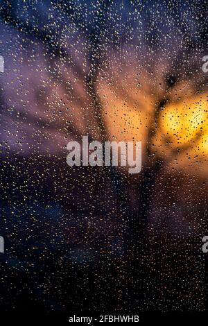 Rain drops on window pane at sunset Stock Photo