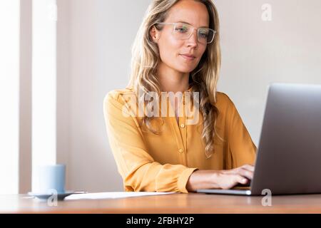 Female freelance worker using laptop at desk in home office Stock Photo