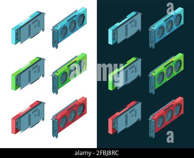 Stylized vector illustration of a powerful video cards isometric color drawings set Stock Vector