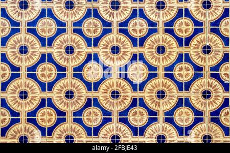 Full frame of blue and yellow colored mosaic wall with square tiles Stock Photo